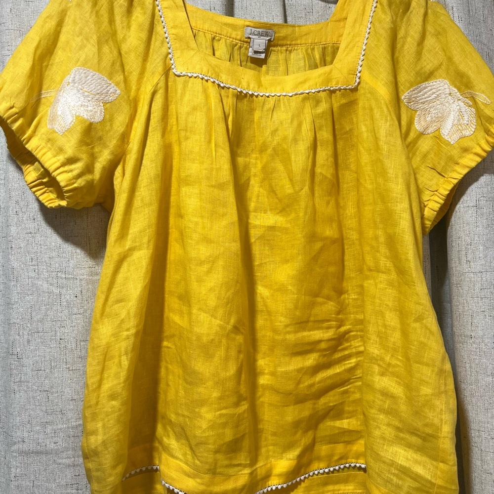 J. Crew Yellow Blouse with White Embroidery